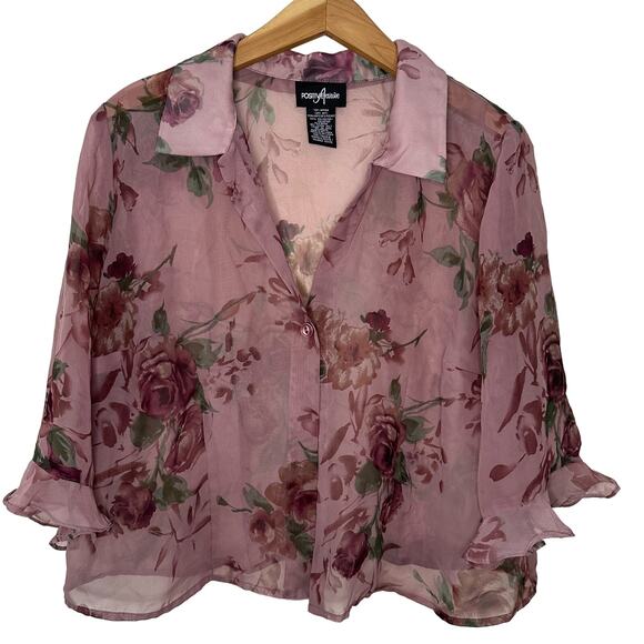 Positive Attitude Sheer Fairycore Cottagecore Floral Collared Ruffle Top Size 16 - Picture 1 of 5